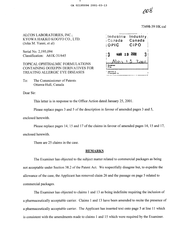 Canadian Patent Document 2195094. Prosecution-Amendment 20010313. Image 1 of 7