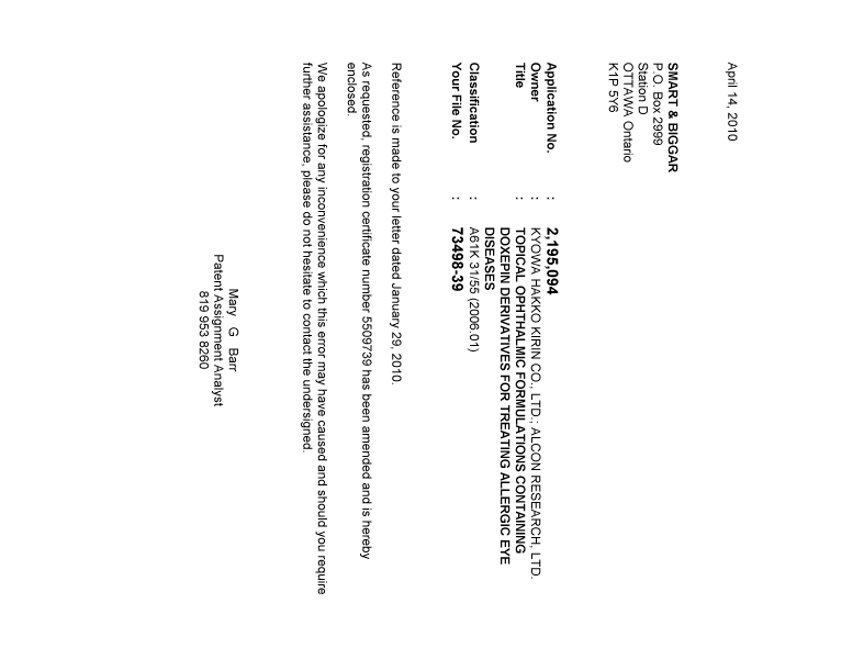 Document de brevet canadien 2195094. Correspondance 20100414. Image 1 de 1