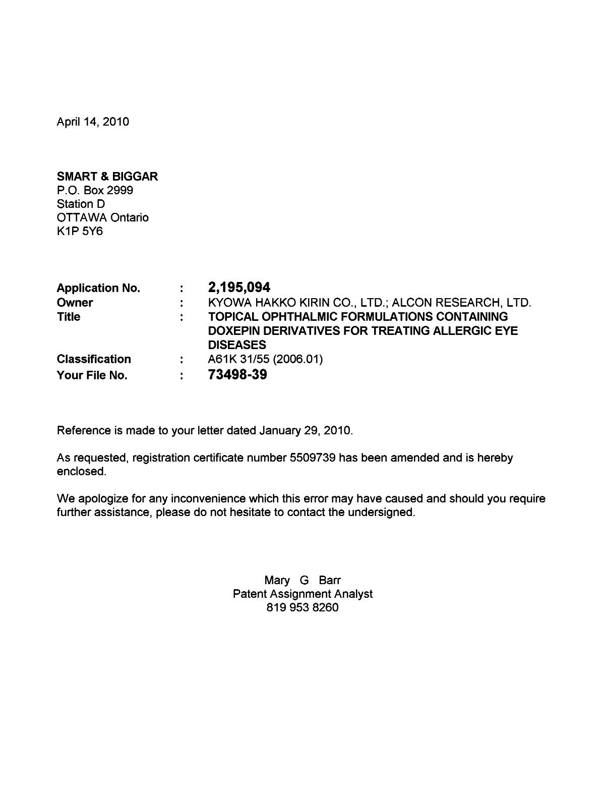 Document de brevet canadien 2195094. Correspondance 20100414. Image 1 de 1