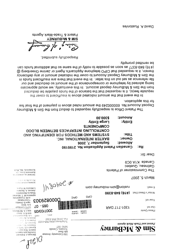 Canadian Patent Document 2195190. Correspondence 20070305. Image 1 of 1