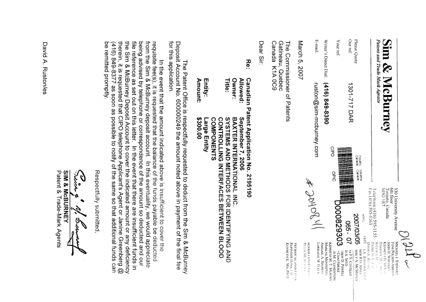 Document de brevet canadien 2195190. Correspondance 20070305. Image 1 de 1
