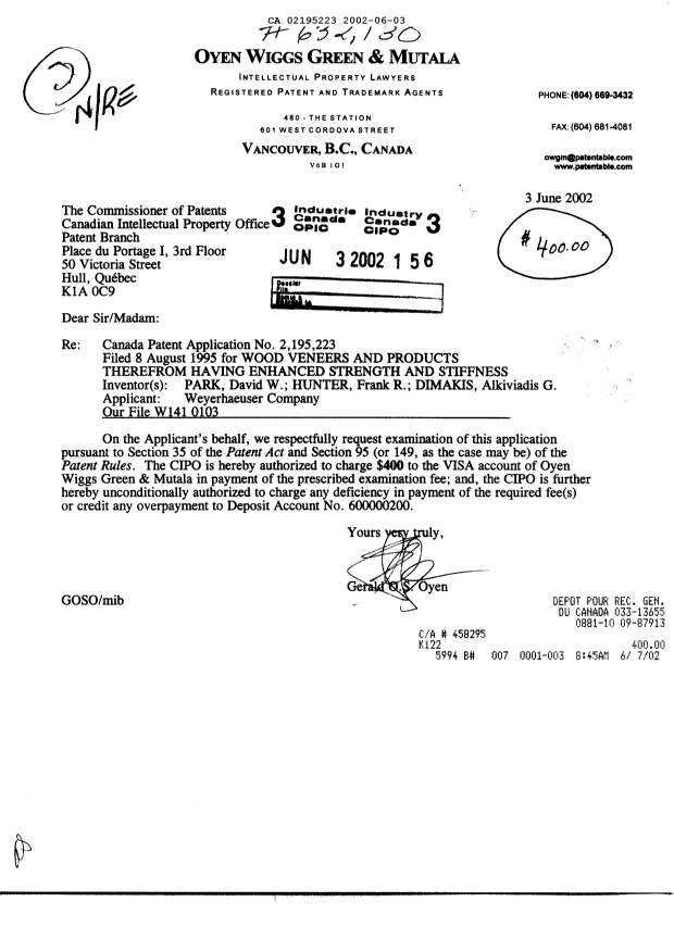 Canadian Patent Document 2195223. Prosecution-Amendment 20020603. Image 1 of 1