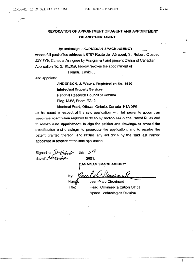 Document de brevet canadien 2195359. Correspondance 20001214. Image 2 de 4