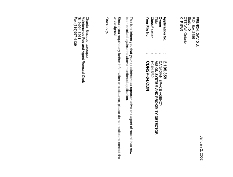 Document de brevet canadien 2195359. Correspondance 20020102. Image 1 de 1