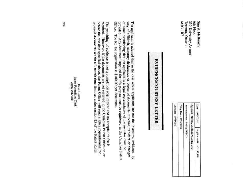 Document de brevet canadien 2195410. Correspondance 19970218. Image 1 de 2