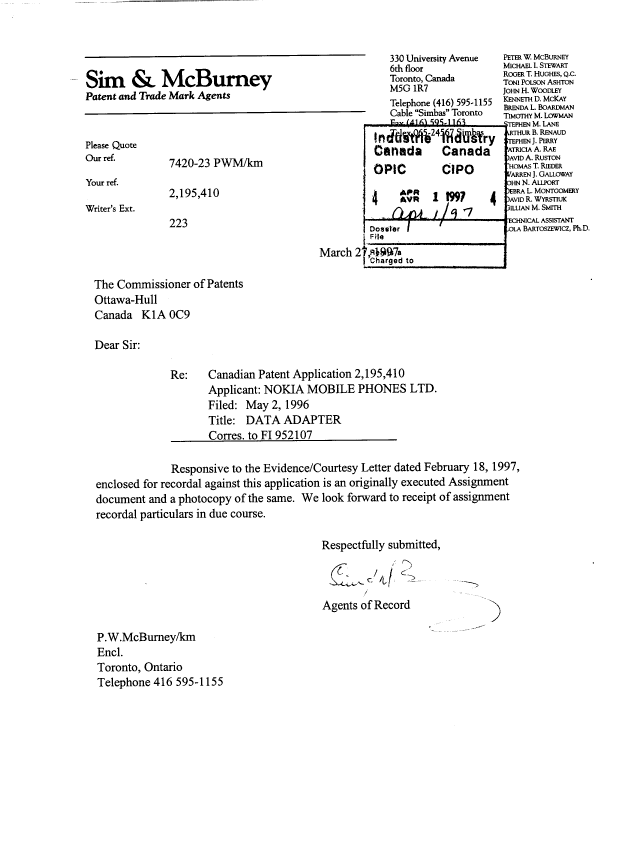 Document de brevet canadien 2195410. Correspondance 19970218. Image 2 de 2