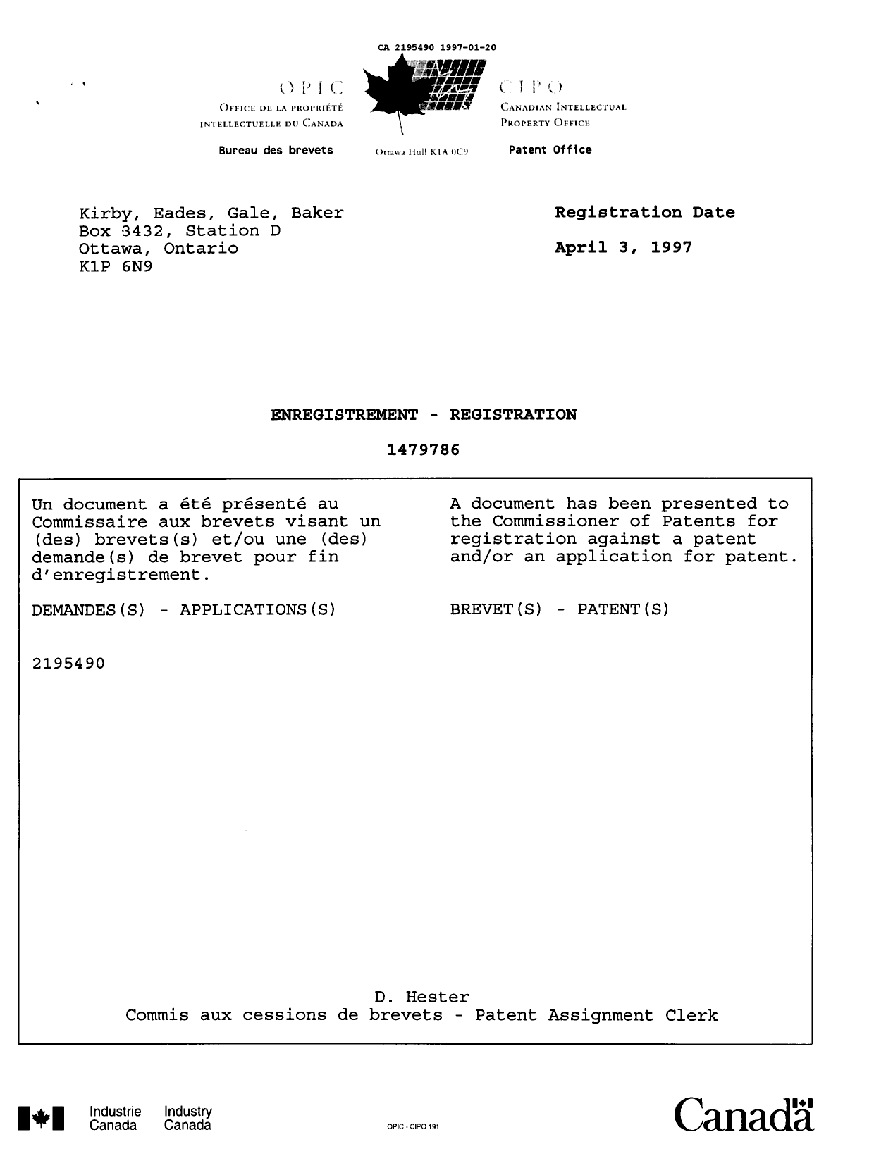 Document de brevet canadien 2195490. Correspondance de la poursuite 19970120. Image 1 de 4