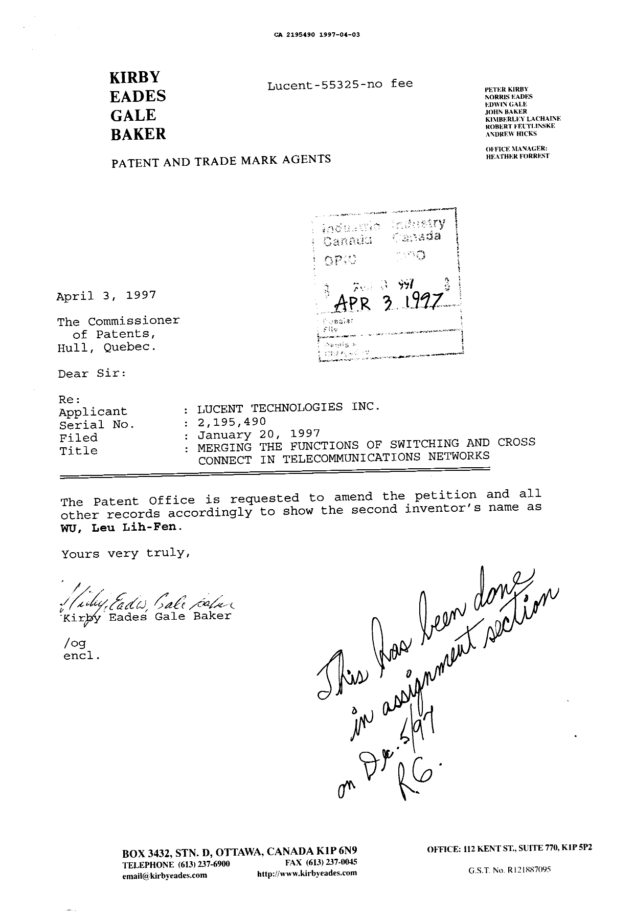 Document de brevet canadien 2195490. Correspondance reliée aux formalités 19970403. Image 1 de 1