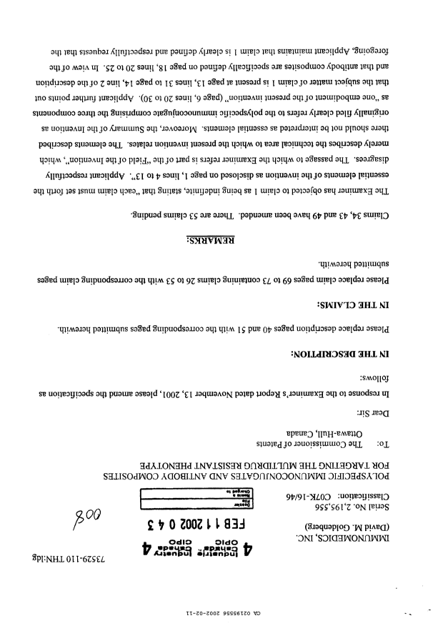 Canadian Patent Document 2195556. Prosecution-Amendment 20020211. Image 1 of 9