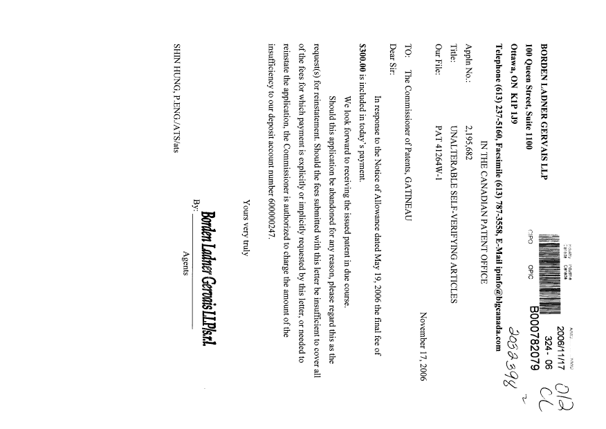 Canadian Patent Document 2195682. Correspondence 20061117. Image 1 of 1