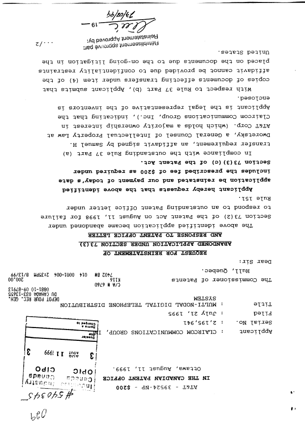 Canadian Patent Document 2195941. Correspondence 19990811. Image 1 of 3
