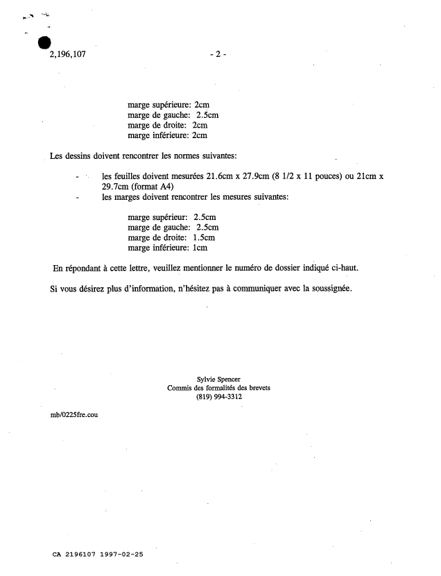 Document de brevet canadien 2196107. Lettre du bureau 19970225. Image 2 de 2