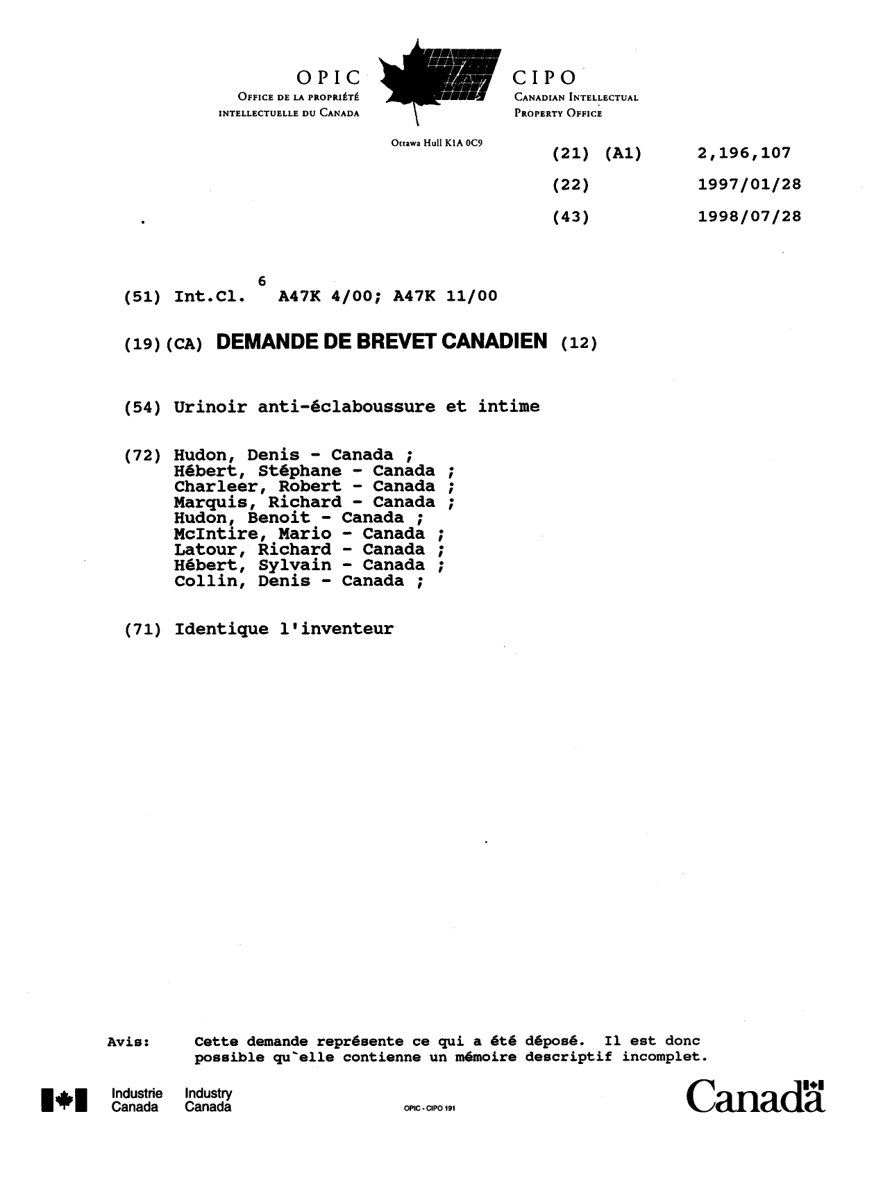 Document de brevet canadien 2196107. Page couverture 19970507. Image 1 de 1