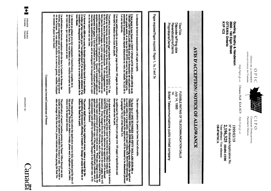 Document de brevet canadien 2196325. Correspondance 19990319. Image 1 de 1