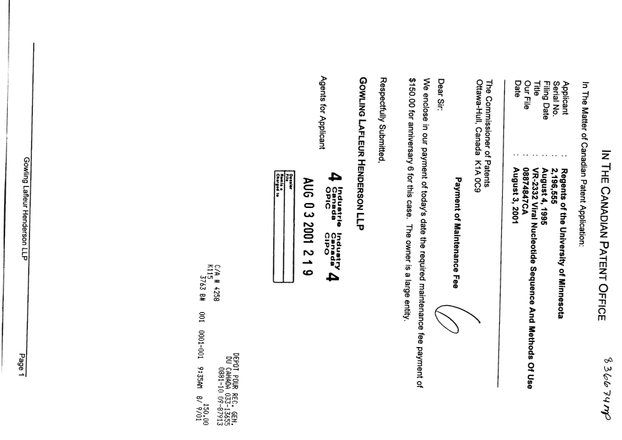 Document de brevet canadien 2196555. Taxes 20010803. Image 1 de 1