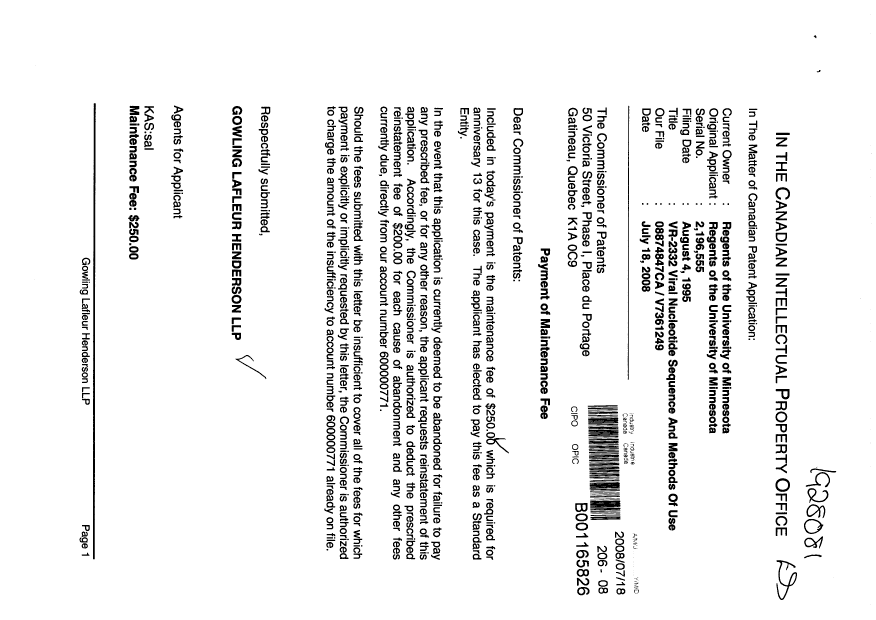 Document de brevet canadien 2196555. Taxes 20080718. Image 1 de 1