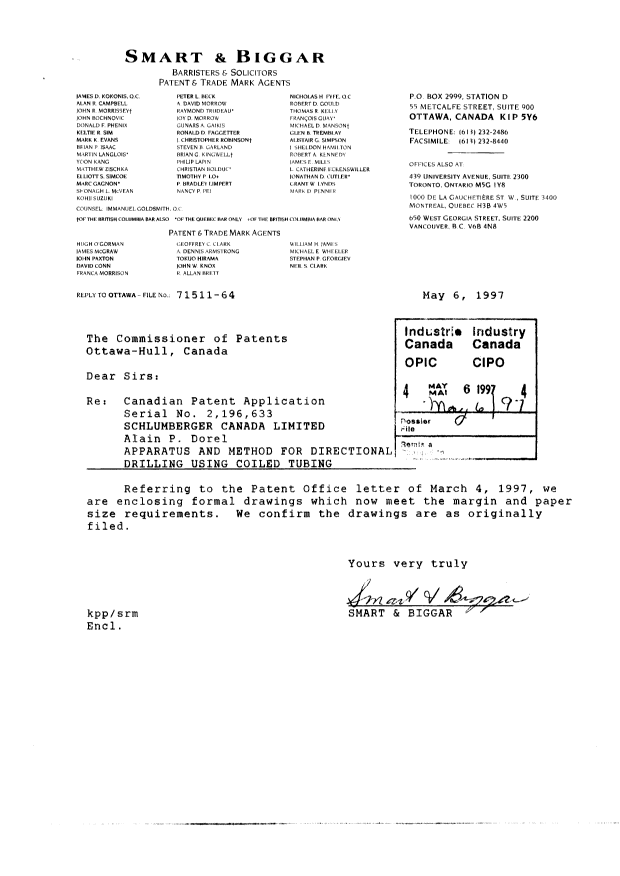 Document de brevet canadien 2196633. Correspondance 19970506. Image 1 de 10