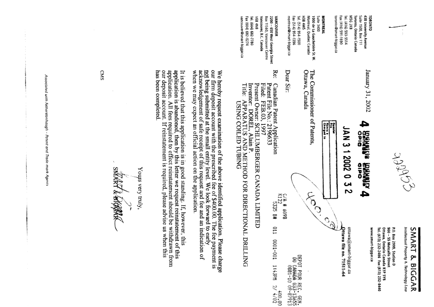 Canadian Patent Document 2196633. Prosecution-Amendment 20020131. Image 1 of 1