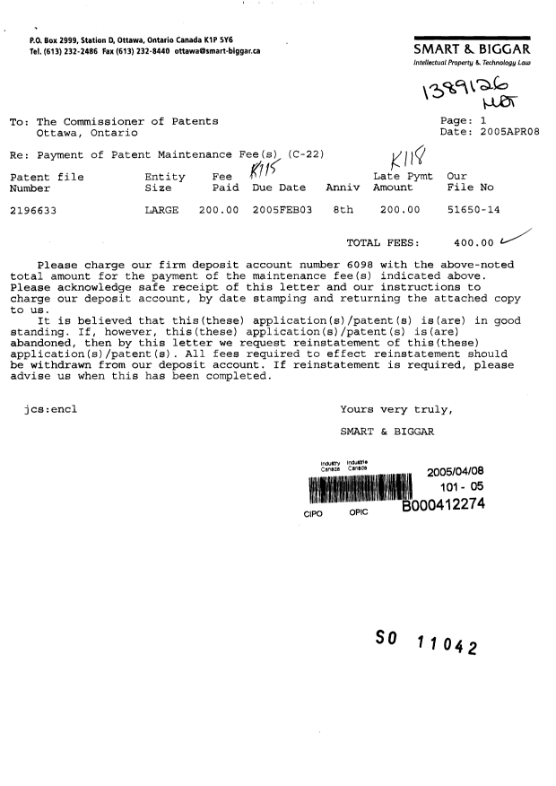 Canadian Patent Document 2196633. Fees 20050408. Image 1 of 2