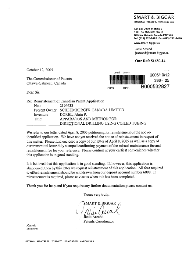 Canadian Patent Document 2196633. Correspondence 20051012. Image 1 of 3