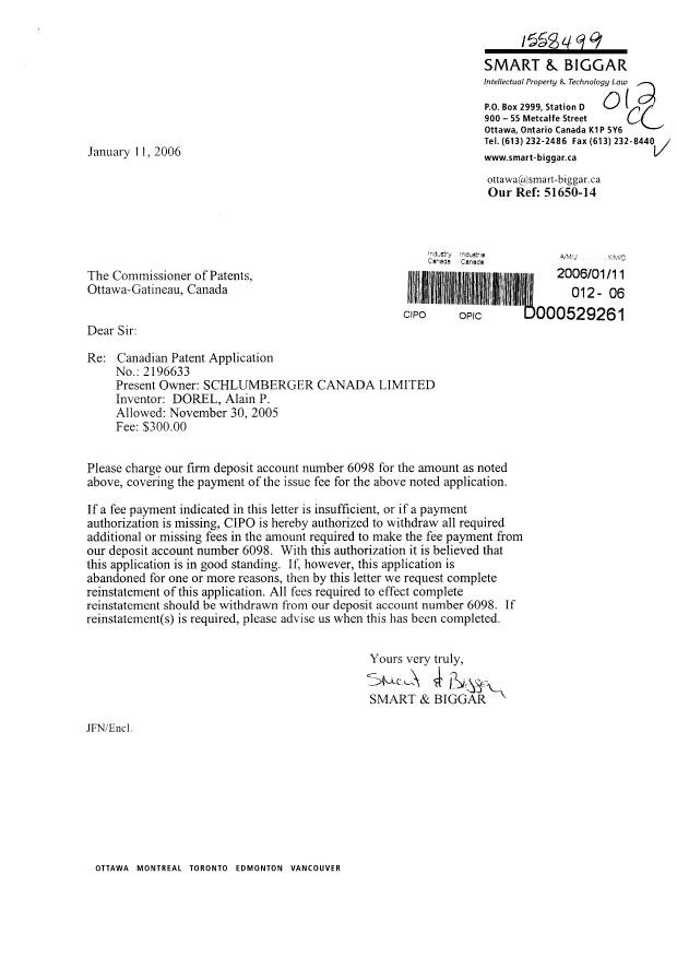 Document de brevet canadien 2196633. Correspondance 20060111. Image 1 de 1