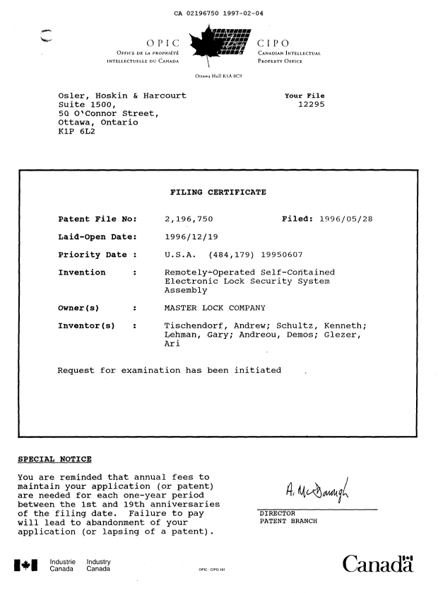 Canadian Patent Document 2196750. Correspondence 19970204. Image 1 of 1