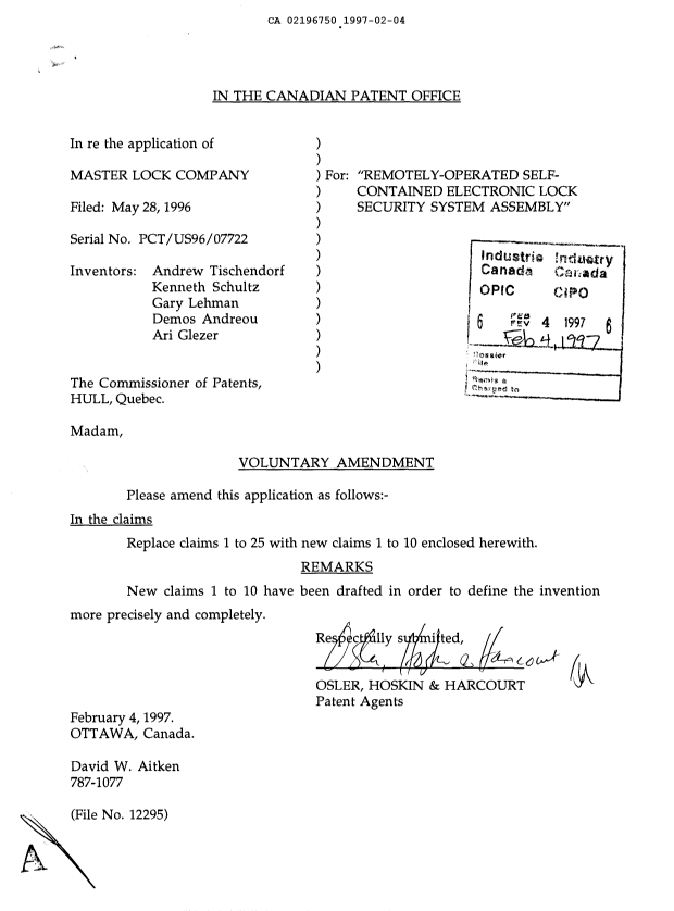 Canadian Patent Document 2196750. Prosecution-Amendment 19970204. Image 1 of 1