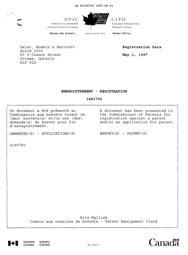 Document de brevet canadien 2196750. Correspondance 19970501. Image 1 de 1