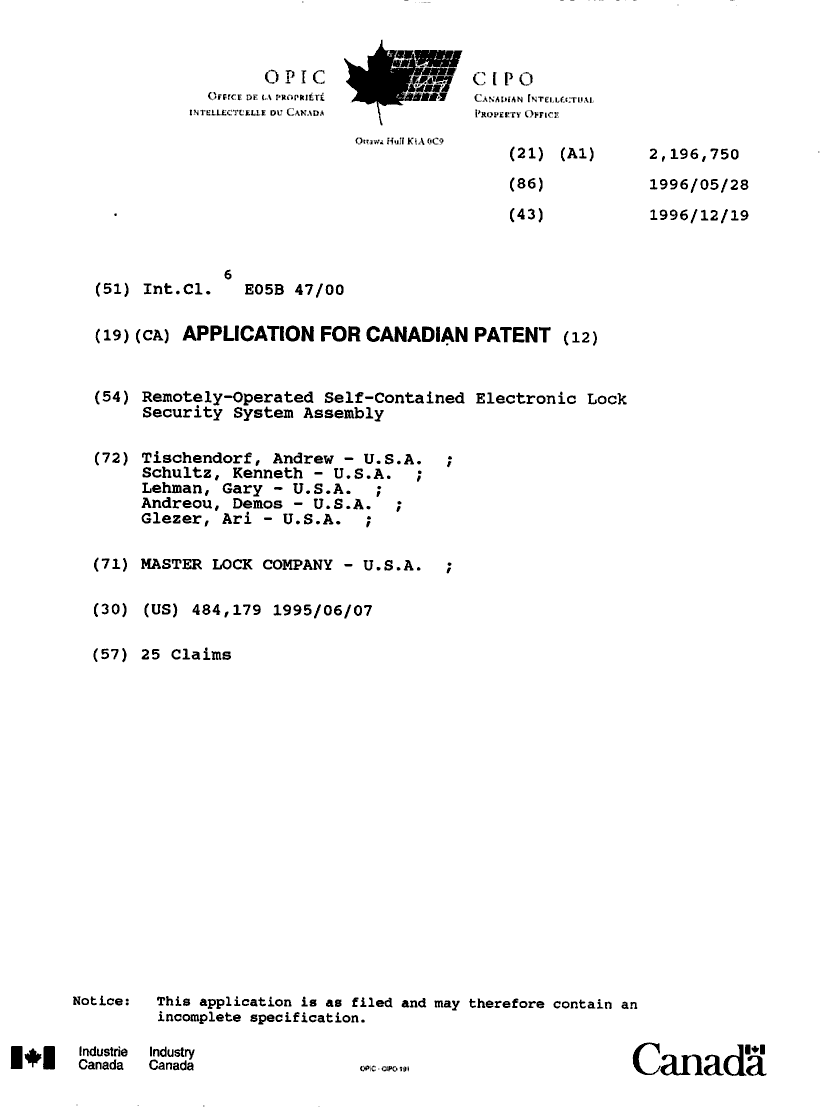 Canadian Patent Document 2196750. Cover Page 19980604. Image 1 of 1