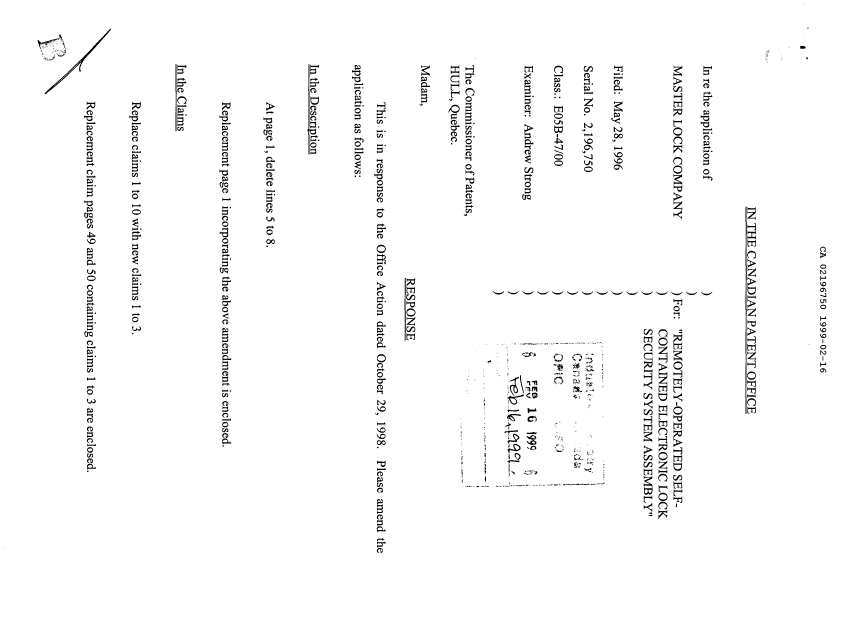 Canadian Patent Document 2196750. Prosecution-Amendment 19990216. Image 1 of 3