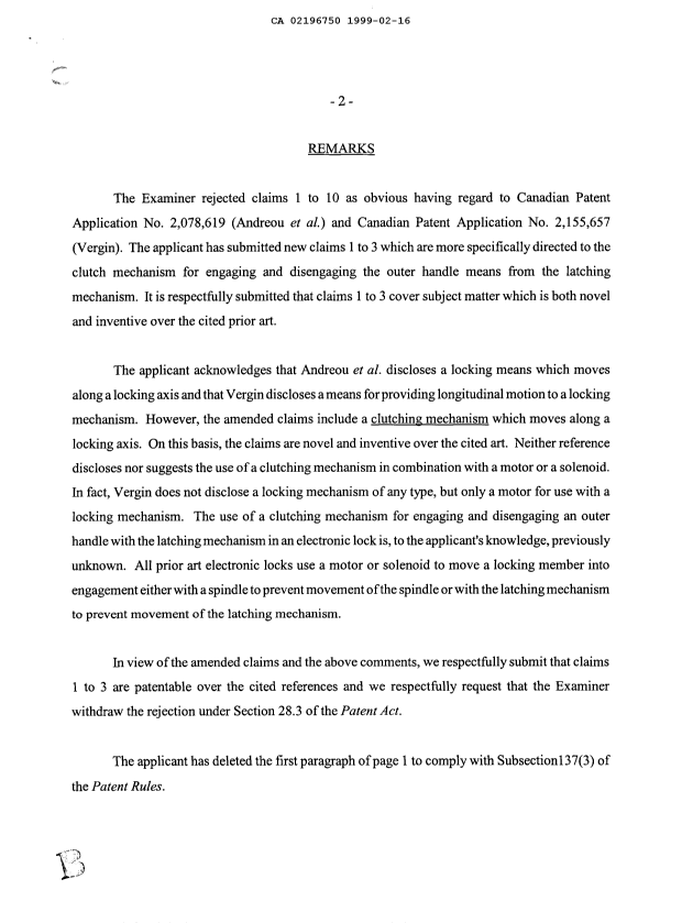 Canadian Patent Document 2196750. Prosecution-Amendment 19990216. Image 2 of 3