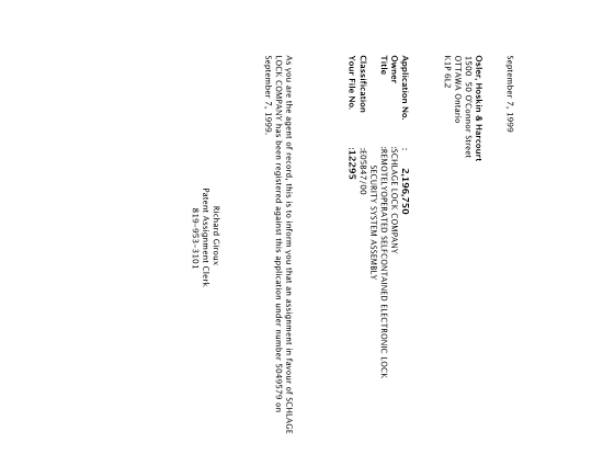 Canadian Patent Document 2196750. Correspondence 19990907. Image 1 of 1