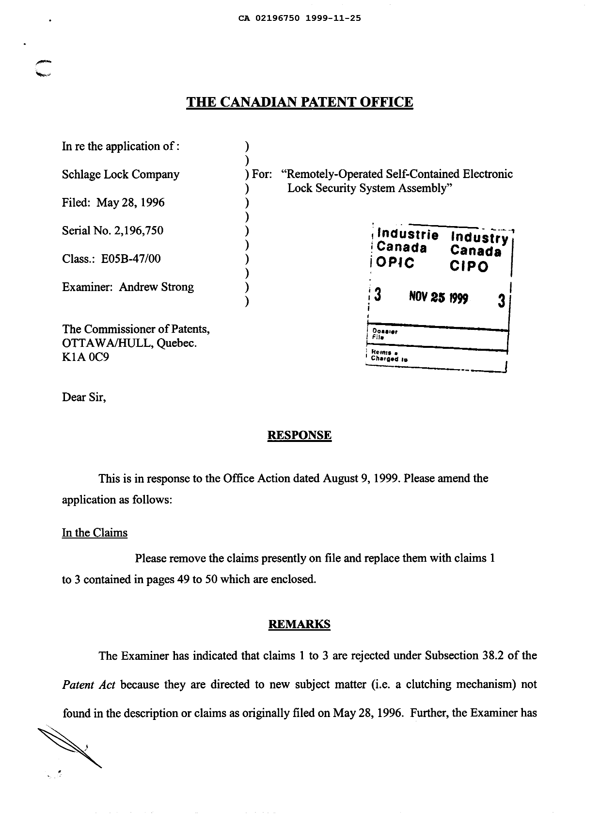 Canadian Patent Document 2196750. Prosecution-Amendment 19991125. Image 1 of 3