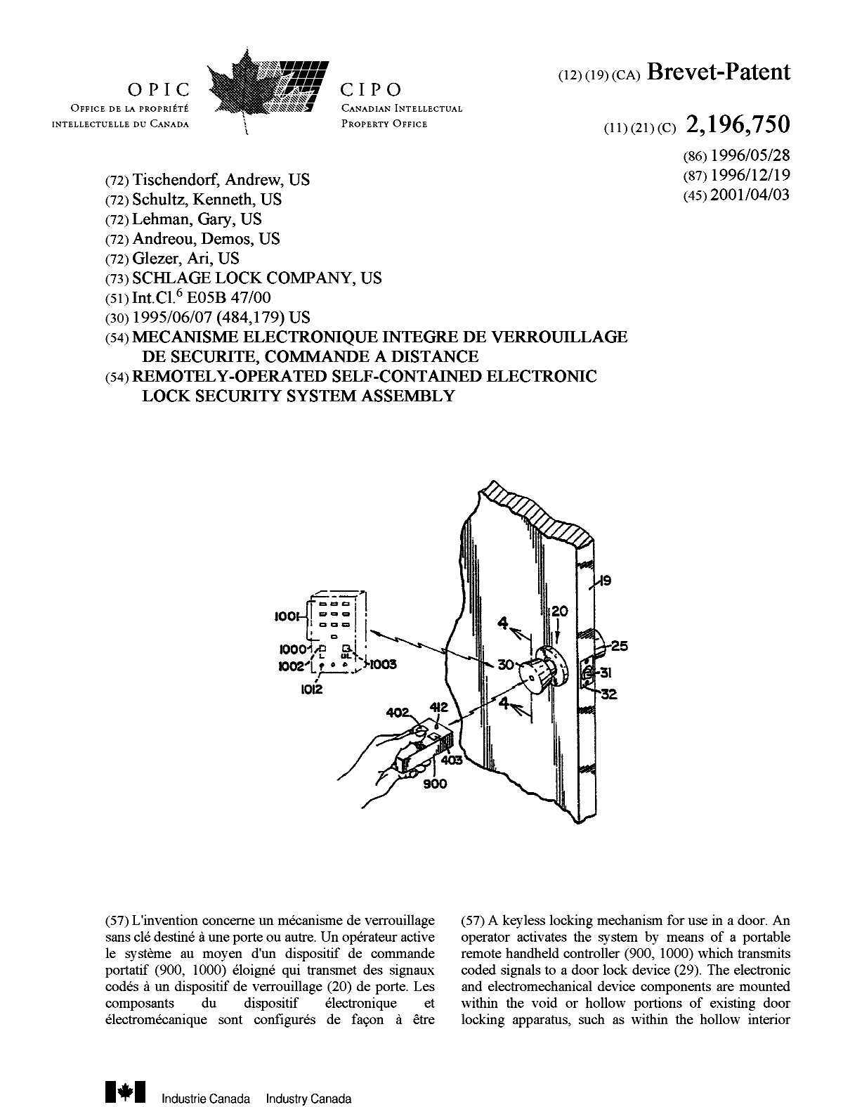 Canadian Patent Document 2196750. Cover Page 20010308. Image 1 of 2