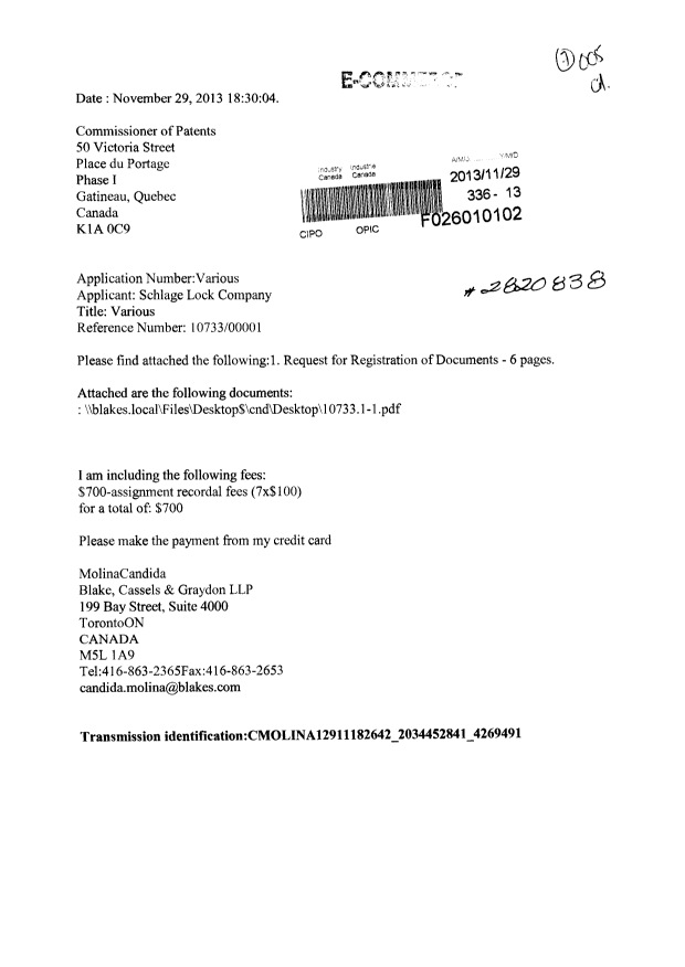 Document de brevet canadien 2196750. Cession 20131129. Image 1 de 7