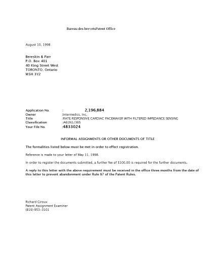Canadian Patent Document 2196884. Correspondence 19980808. Image 1 of 1