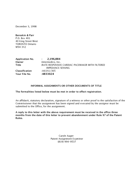 Canadian Patent Document 2196884. Correspondence 19981203. Image 1 of 2