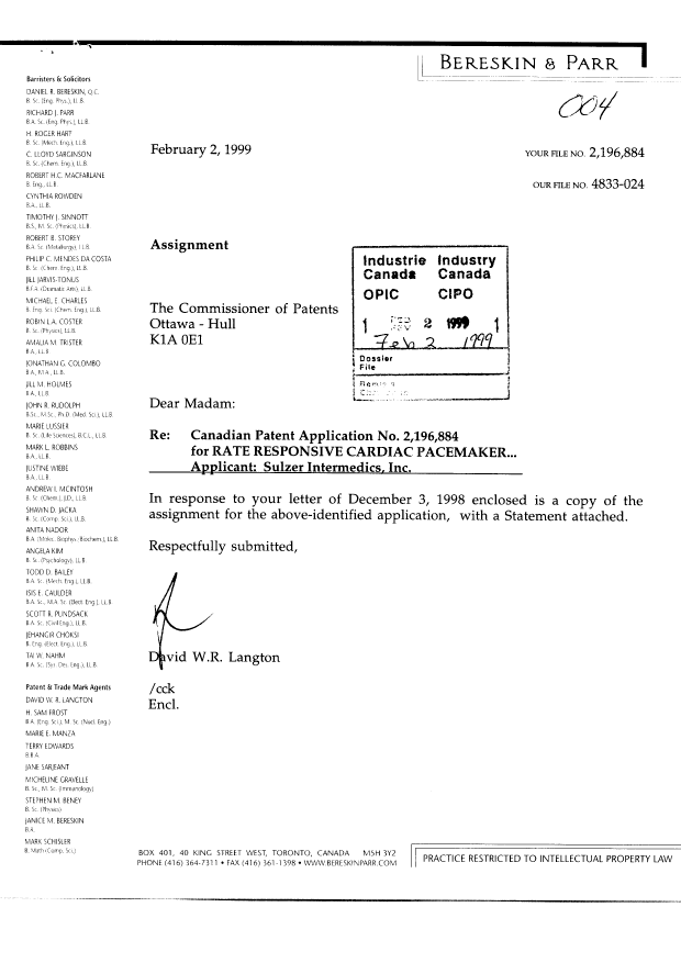 Document de brevet canadien 2196884. Cession 19990202. Image 1 de 4