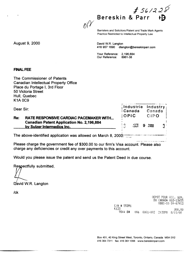 Document de brevet canadien 2196884. Correspondance 20000809. Image 1 de 1