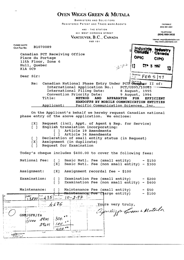 Document de brevet canadien 2196903. Cession 19970205. Image 1 de 6