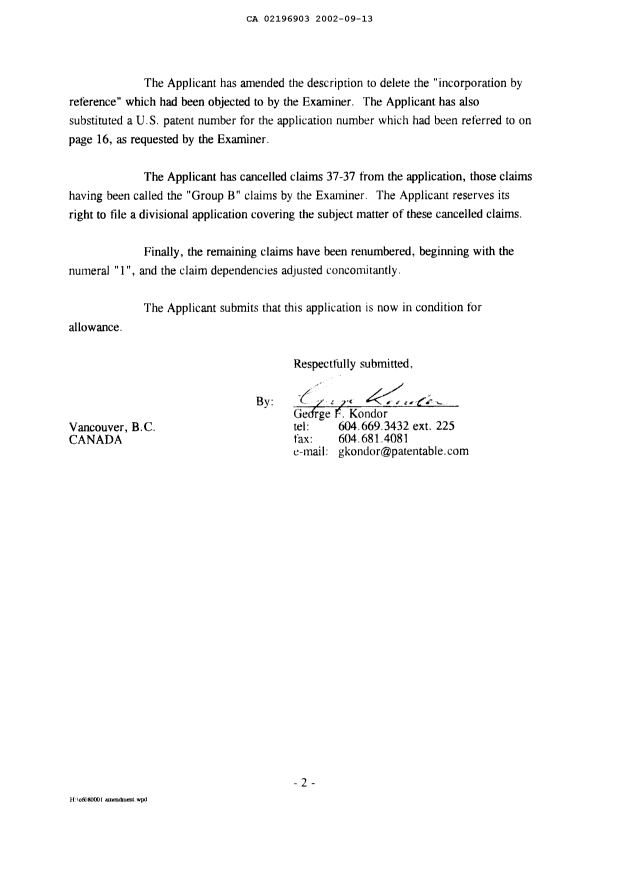 Document de brevet canadien 2196903. Poursuite-Amendment 20020913. Image 2 de 18