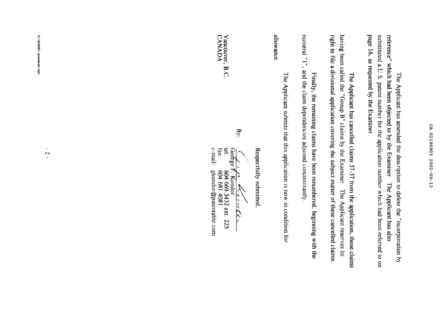 Canadian Patent Document 2196903. Prosecution-Amendment 20020913. Image 2 of 18