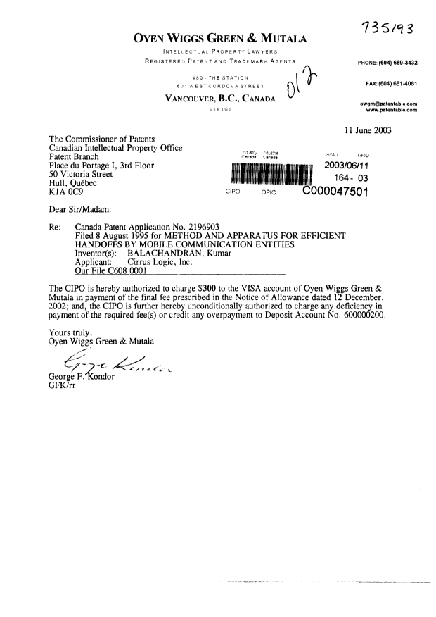 Document de brevet canadien 2196903. Correspondance 20030611. Image 1 de 1