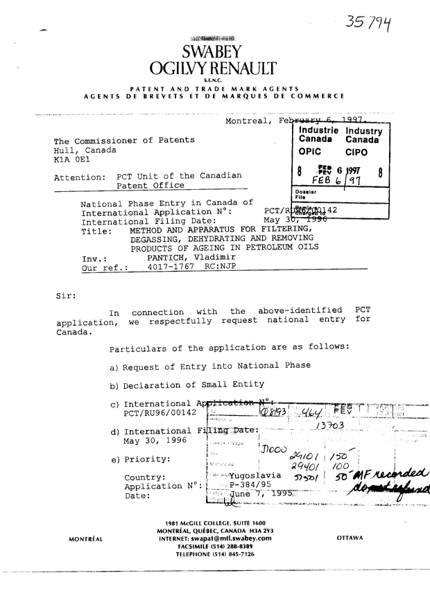 Canadian Patent Document 2196985. Assignment 19970206. Image 1 of 9