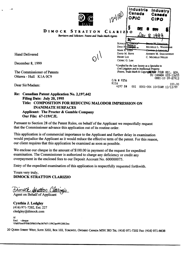 Canadian Patent Document 2197442. Prosecution-Amendment 19991208. Image 1 of 1