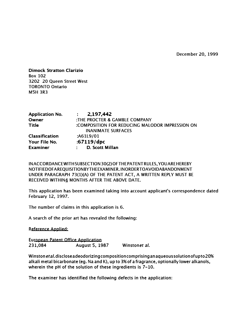 Document de brevet canadien 2197442. Poursuite-Amendment 19991220. Image 1 de 2