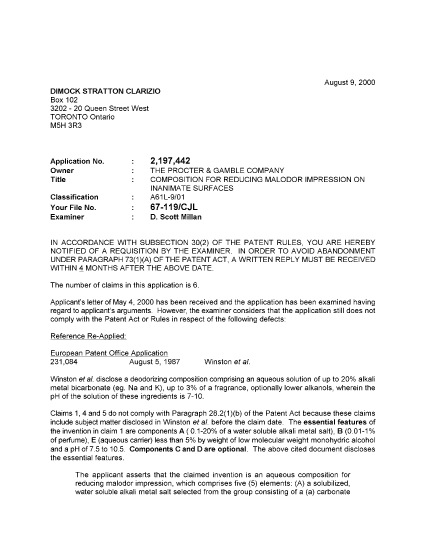 Canadian Patent Document 2197442. Prosecution-Amendment 20000809. Image 1 of 2