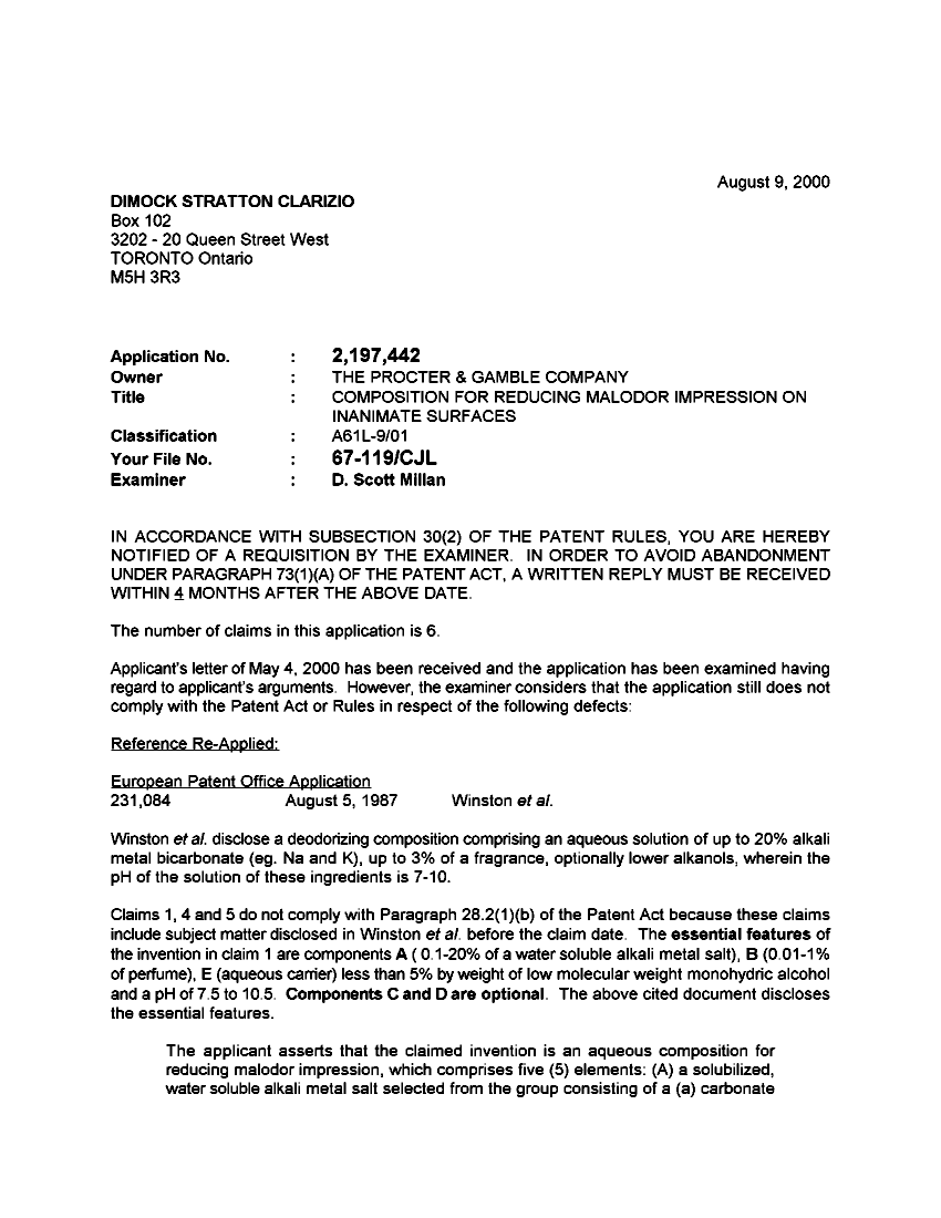 Document de brevet canadien 2197442. Poursuite-Amendment 20000809. Image 1 de 2