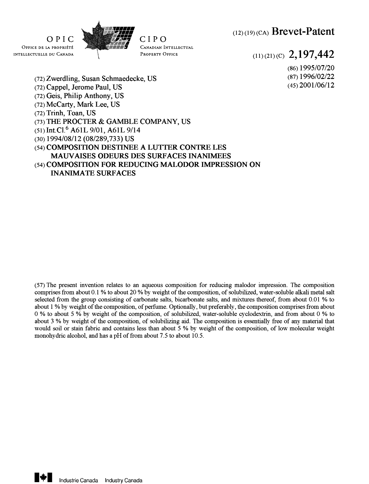 Document de brevet canadien 2197442. Page couverture 20010514. Image 1 de 1