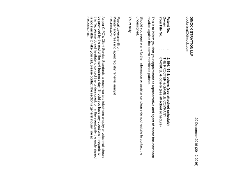 Document de brevet canadien 2197442. Lettre du bureau 20161220. Image 1 de 2